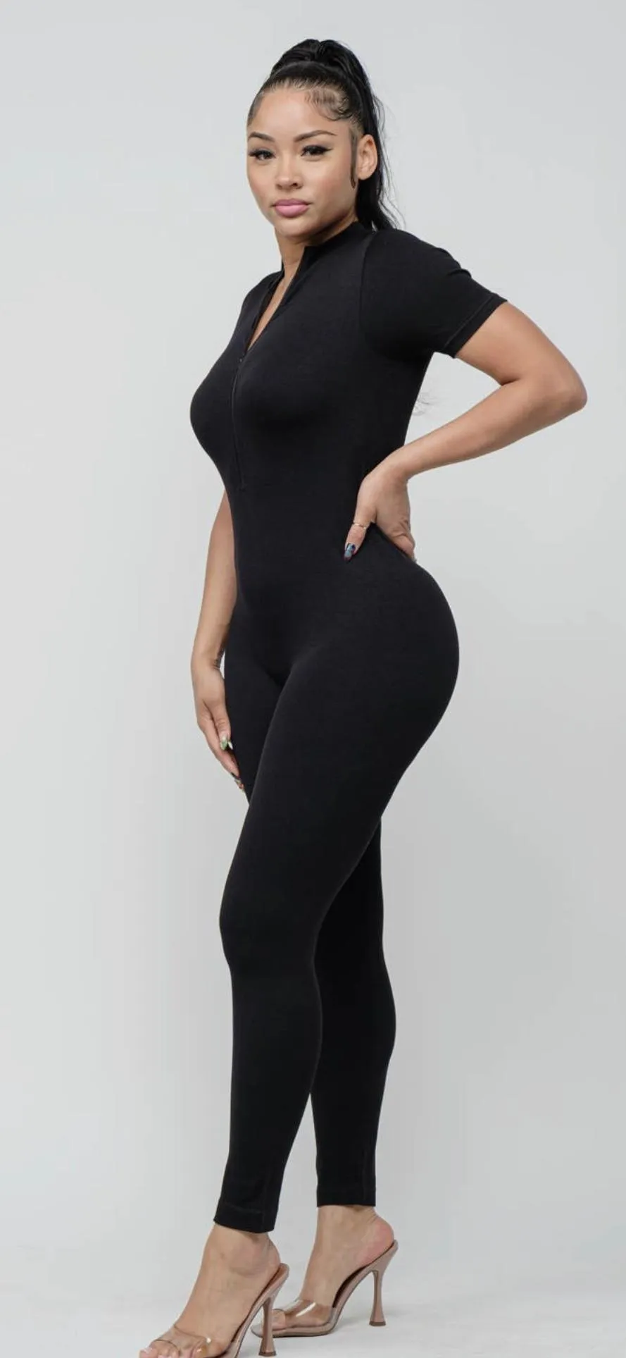 Seamless Front Zipper Mock Neck Jumpsuit