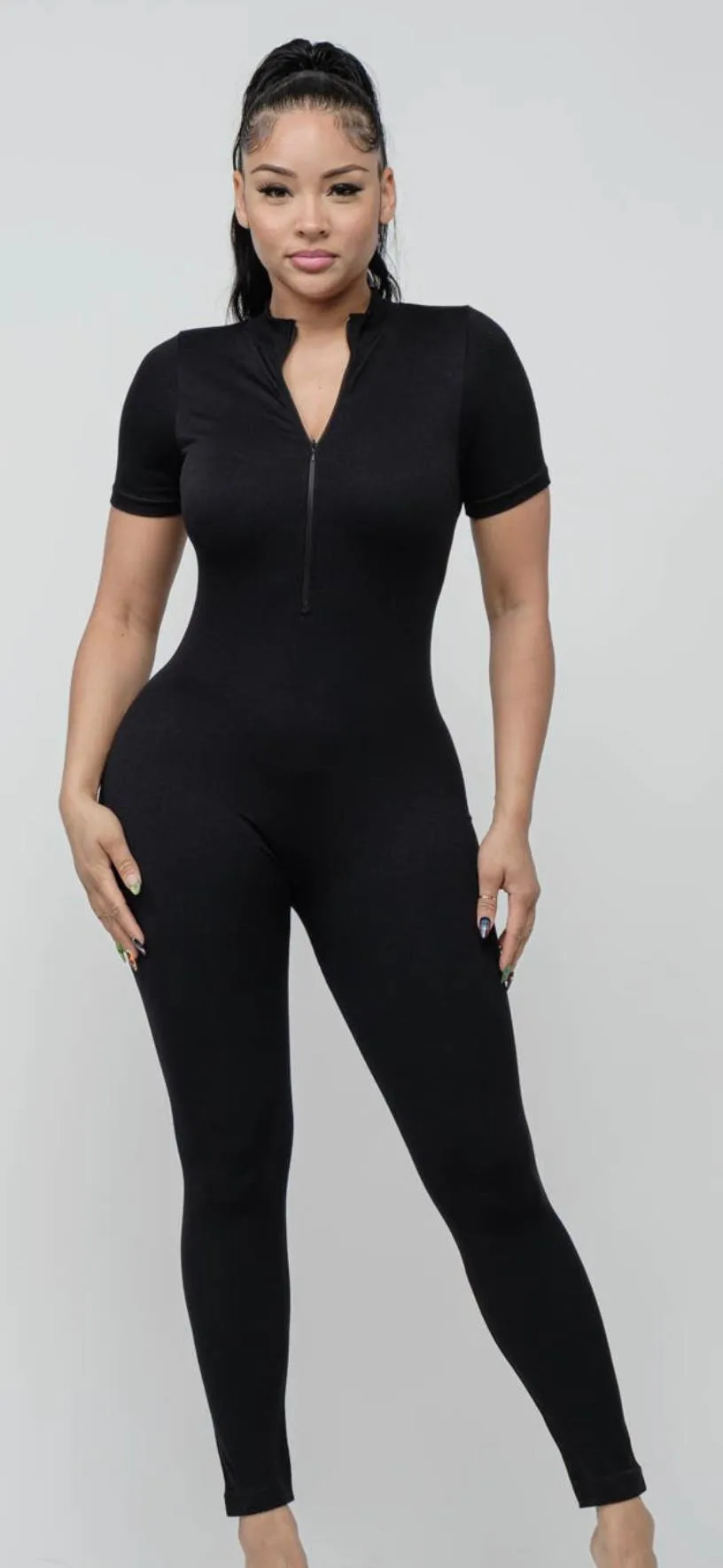 Seamless Front Zipper Mock Neck Jumpsuit