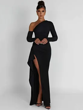 Seductive Elegance: Thigh-High Split Maxi Dress with Oblique Shoulder, Long Sleeves, and Backless Design for Sexy Club Party Looks