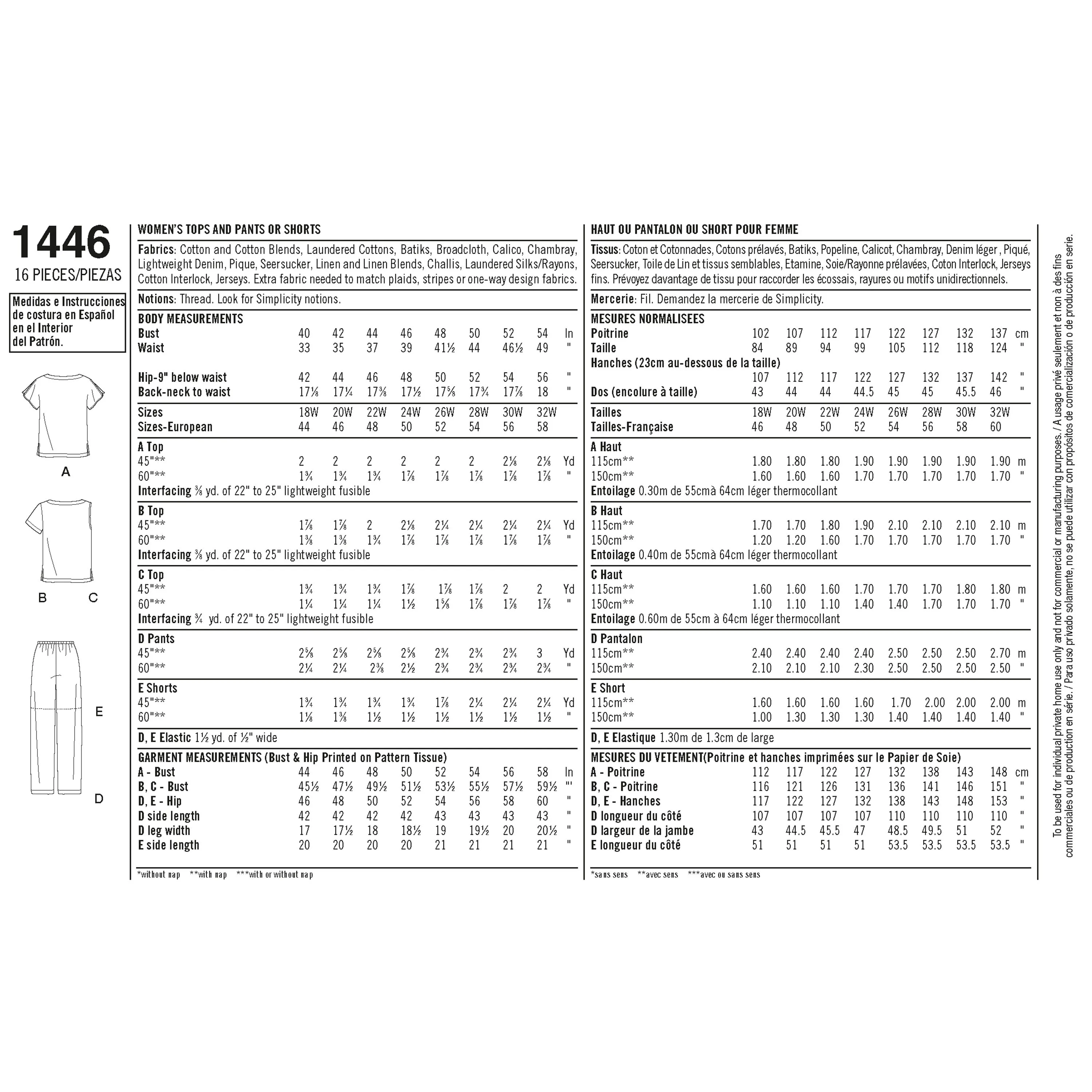 Simplicity Sewing Pattern 1446 Six Made Easy Pull on Tops and Trousers or Shorts for Plus Size