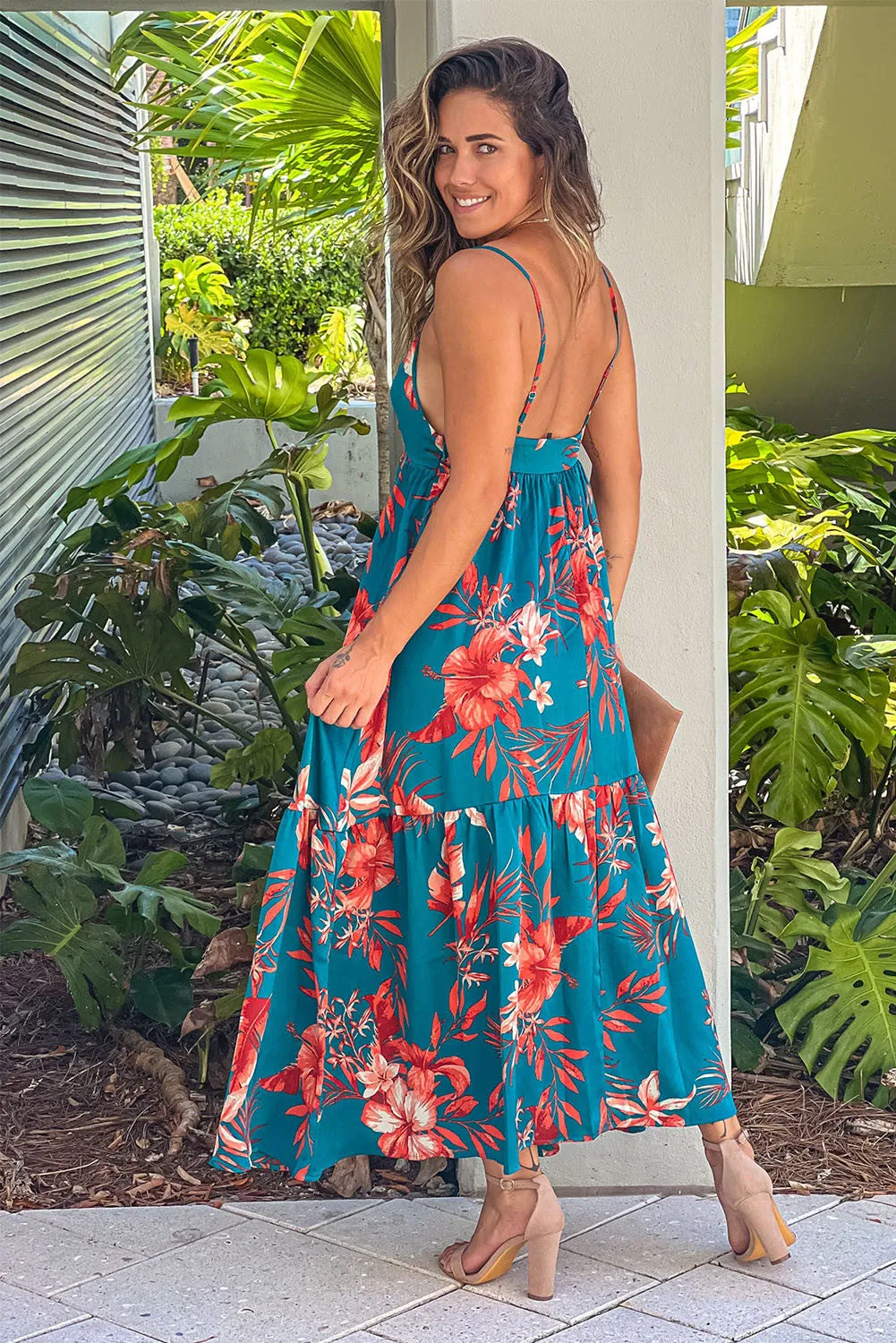 Sky Blue Strappy Open Back Floral Maxi Dress, Summer, Vacation, Bohemian