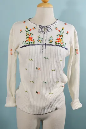 Optimized Title: Vintage 1970s White Embroidered Knit Sweater | 1960s Ribbed Hippie Top | Size Medium