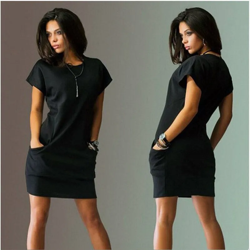 Summer  Casual Short Sleeve O-Neck Dresses Slim Pocket Bodycon, T-Shirt Dress