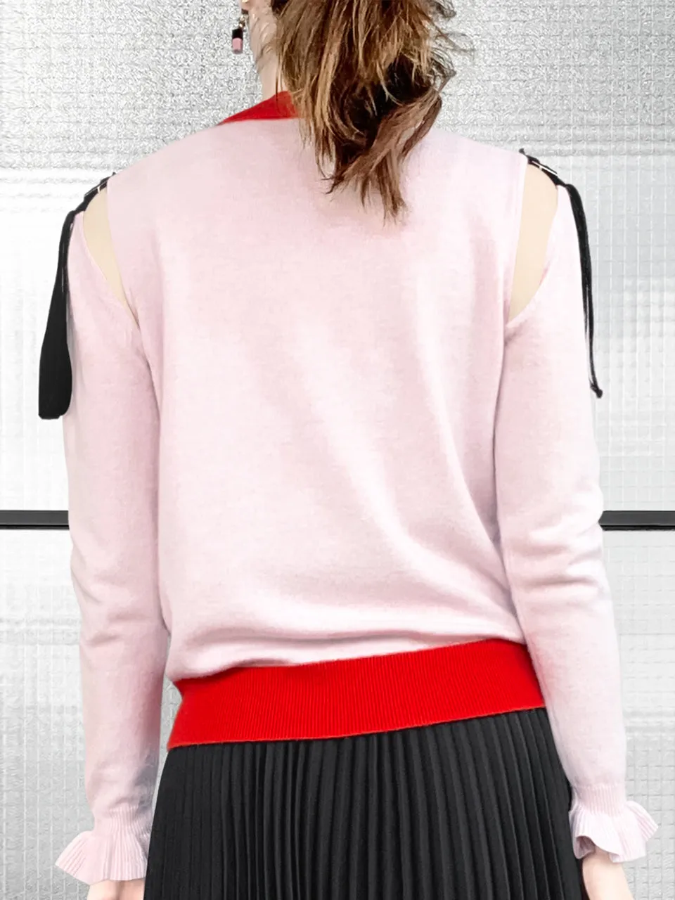 Surprise Sale! Pinky Colourblock Scallop Collar Cold-Shoulder Cashmere Blend Sweater