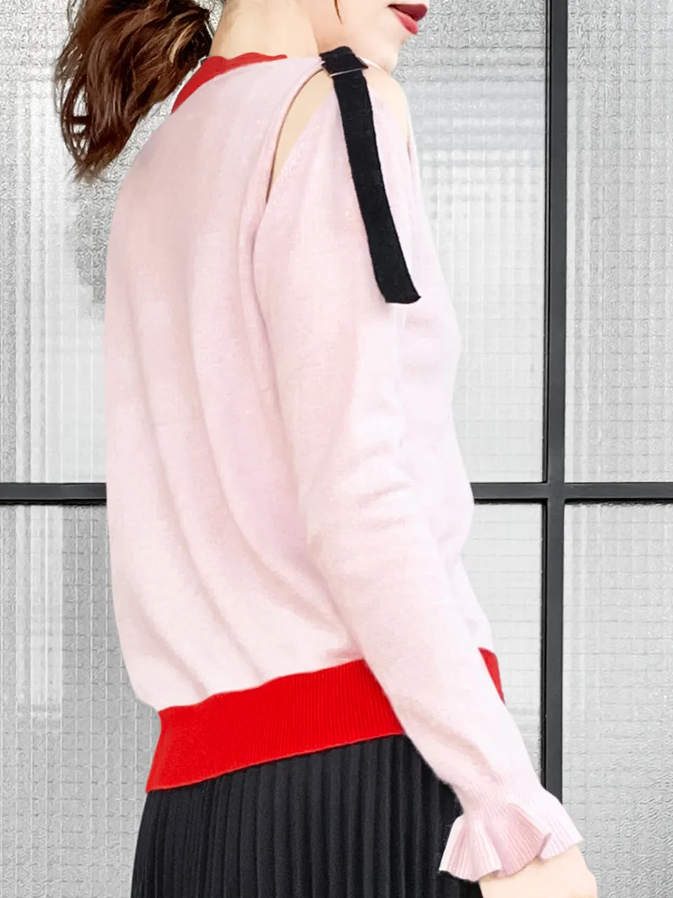 Surprise Sale! Pinky Colourblock Scallop Collar Cold-Shoulder Cashmere Blend Sweater