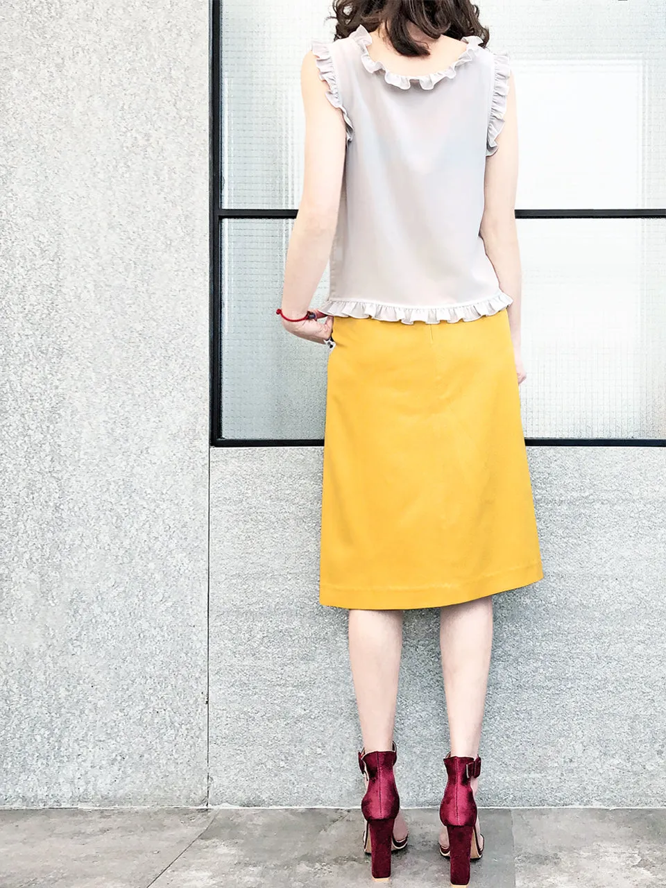 Surprise Sale! Yellow Scallop Detail Dotty Ruffle Pocket Pencil Skirt