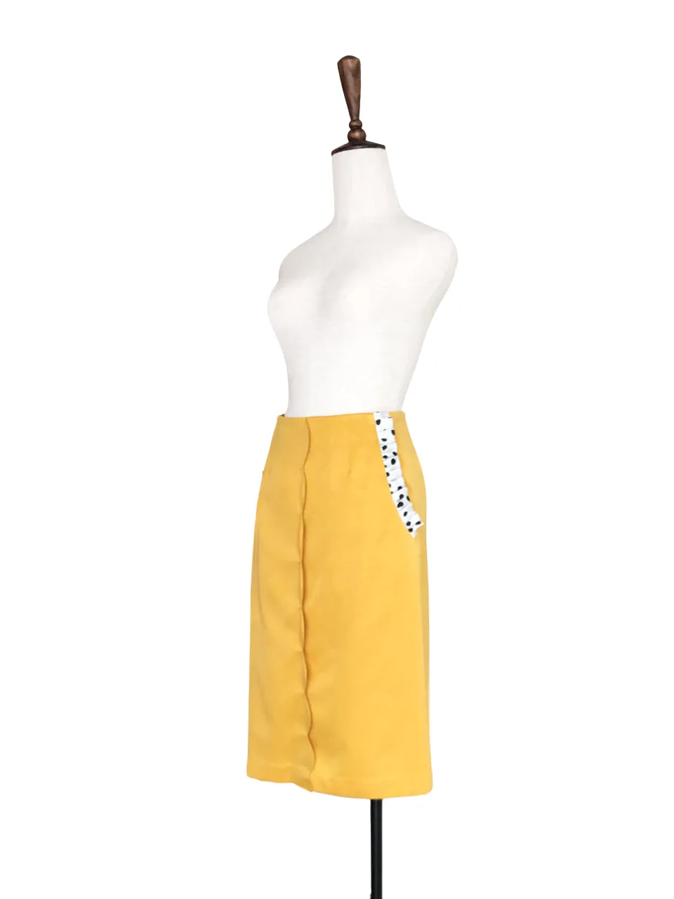 Surprise Sale! Yellow Scallop Detail Dotty Ruffle Pocket Pencil Skirt