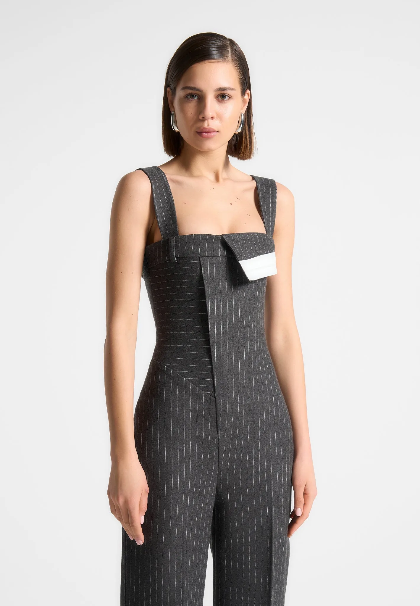 Elegant Grey Tailored Pinstripe Jumpsuit for Women