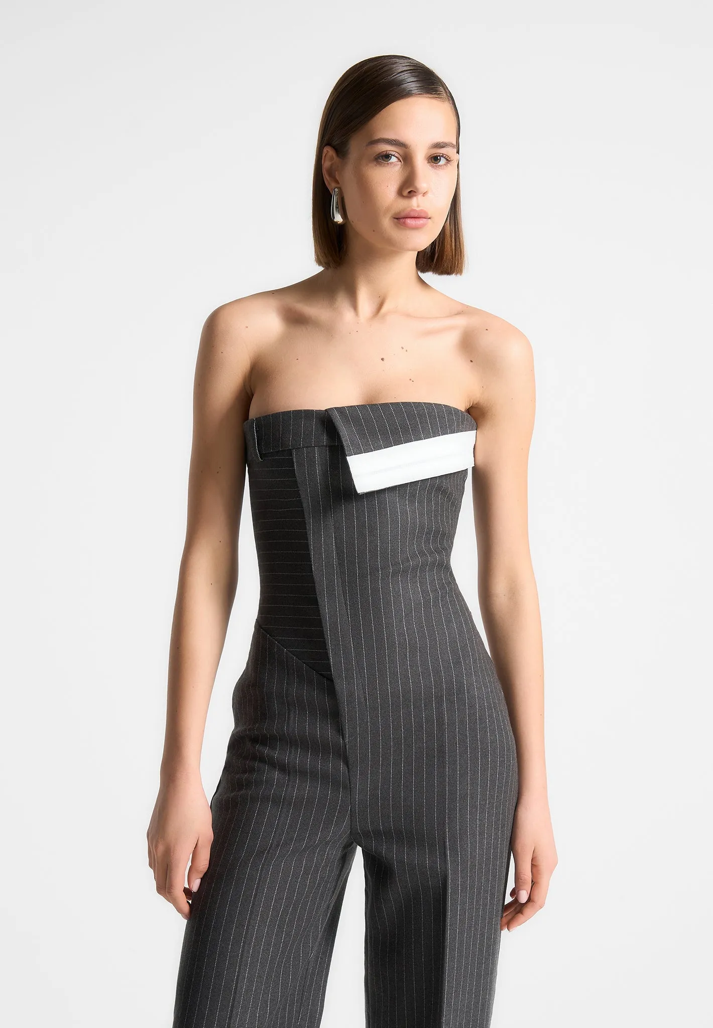 Elegant Grey Tailored Pinstripe Jumpsuit for Women