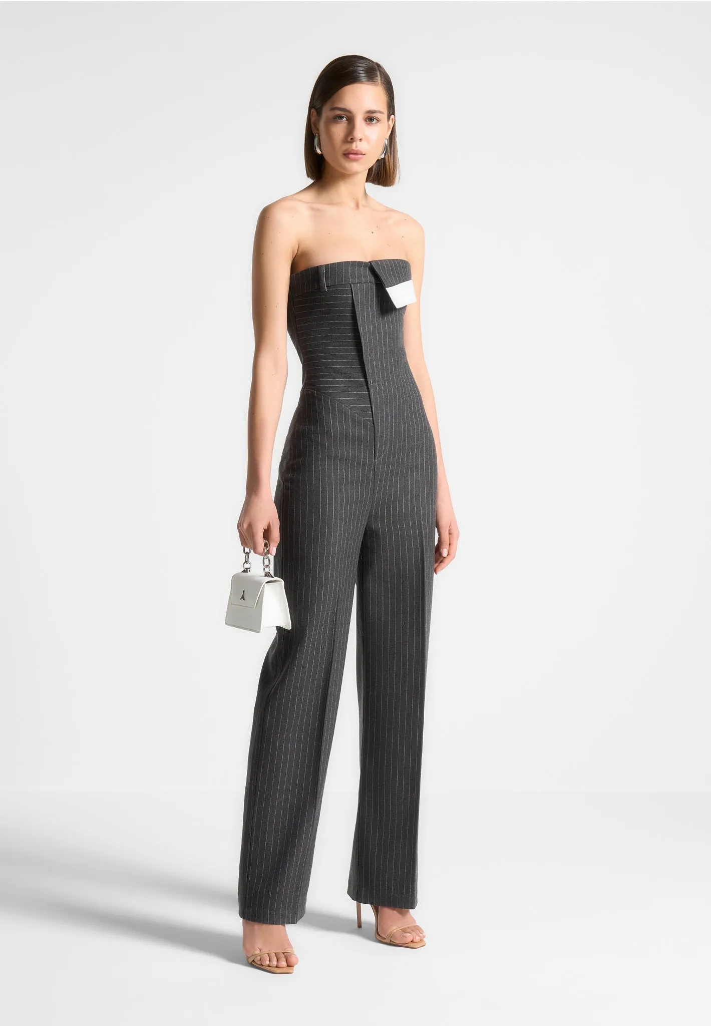 Elegant Grey Tailored Pinstripe Jumpsuit for Women