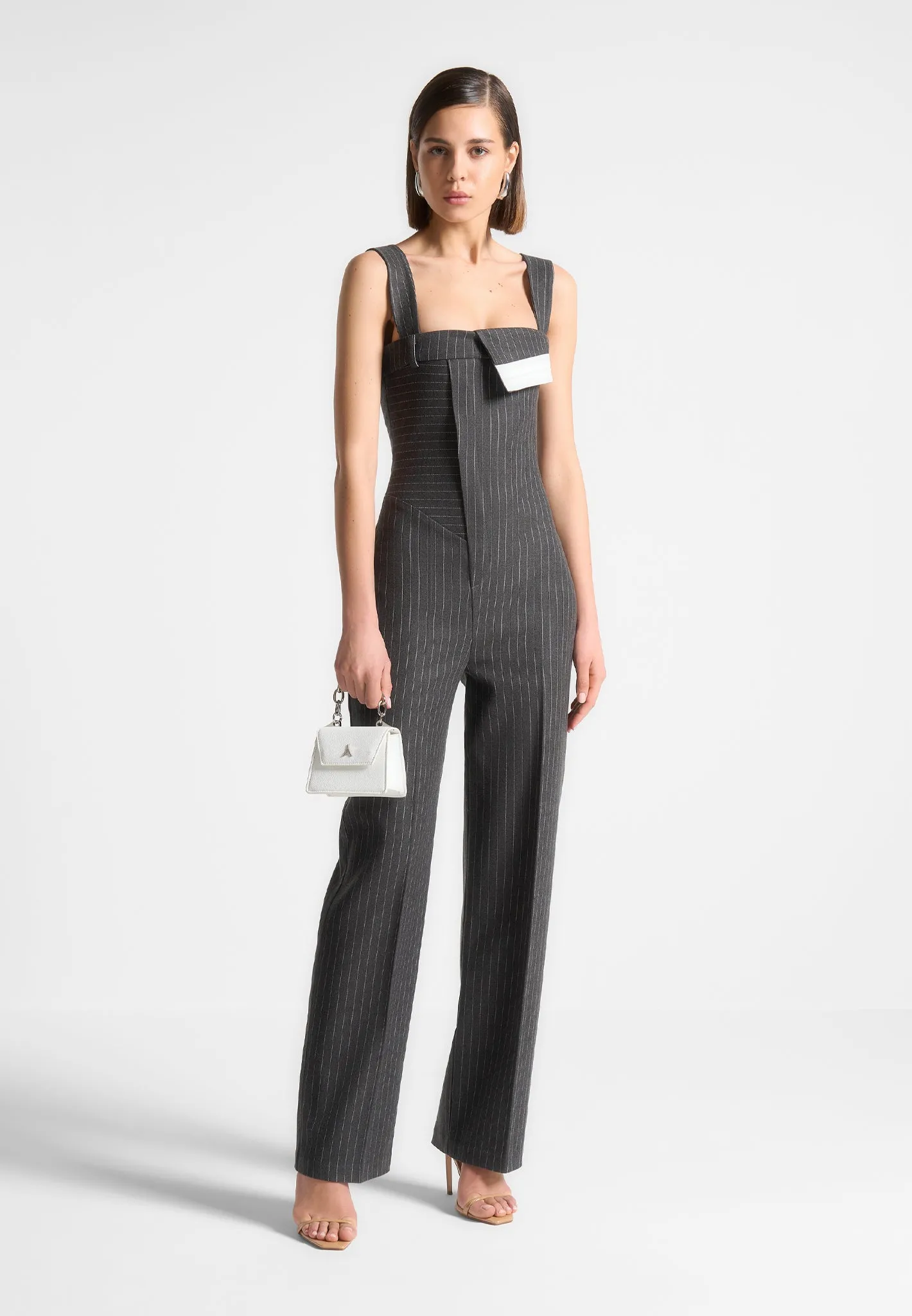 Elegant Grey Tailored Pinstripe Jumpsuit for Women