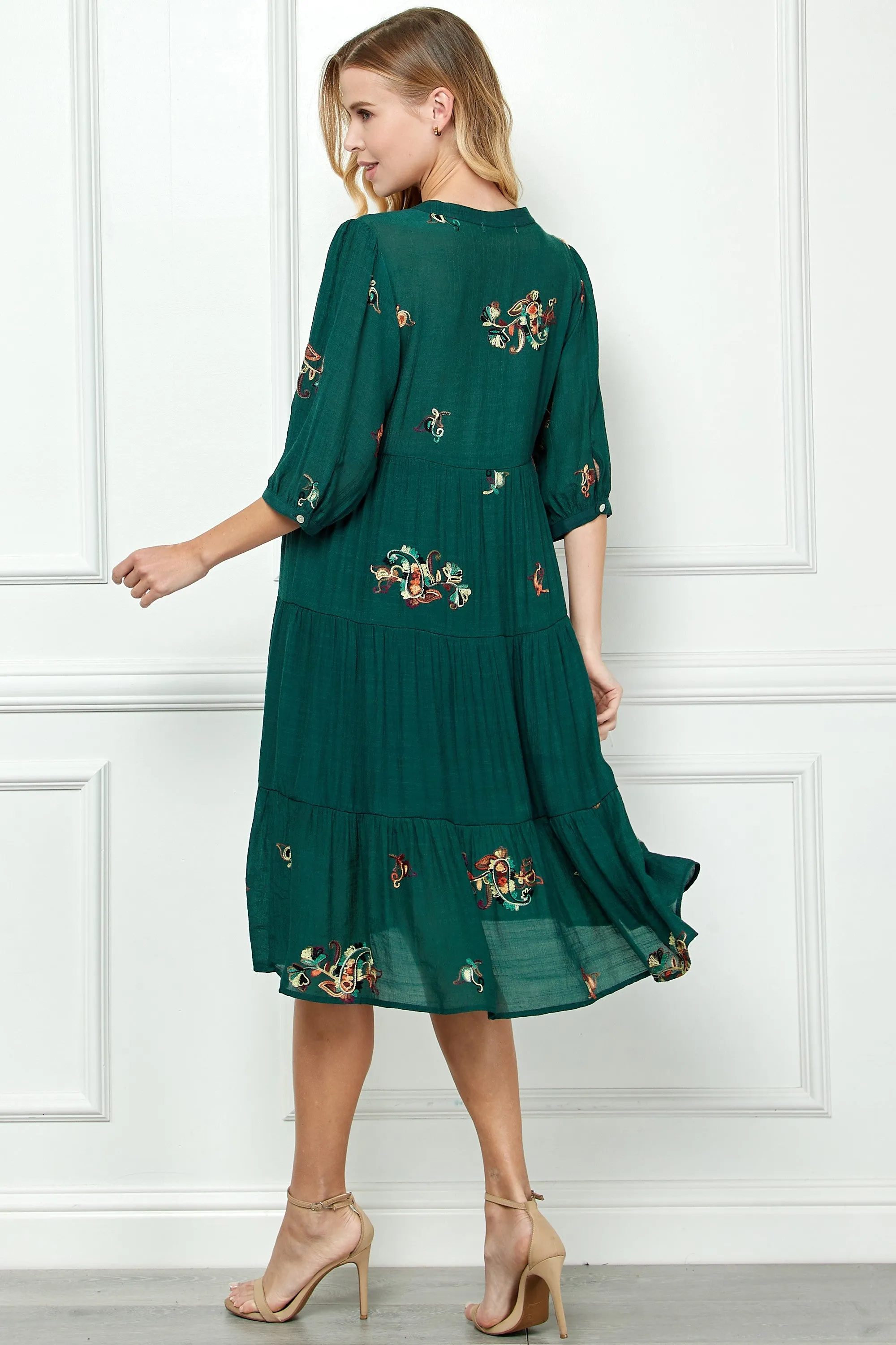 Tiered Embroidered Midi Dress