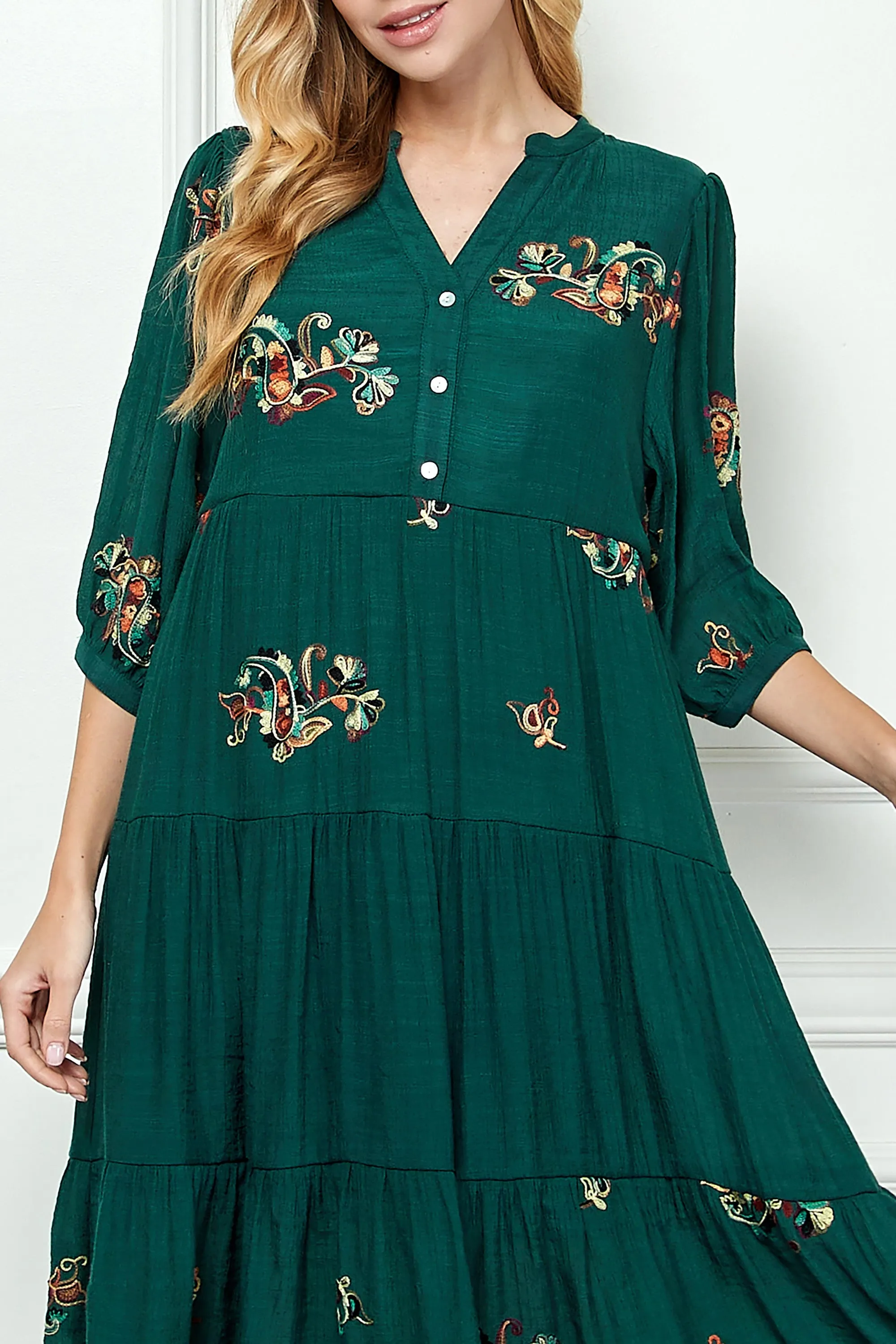 Tiered Embroidered Midi Dress