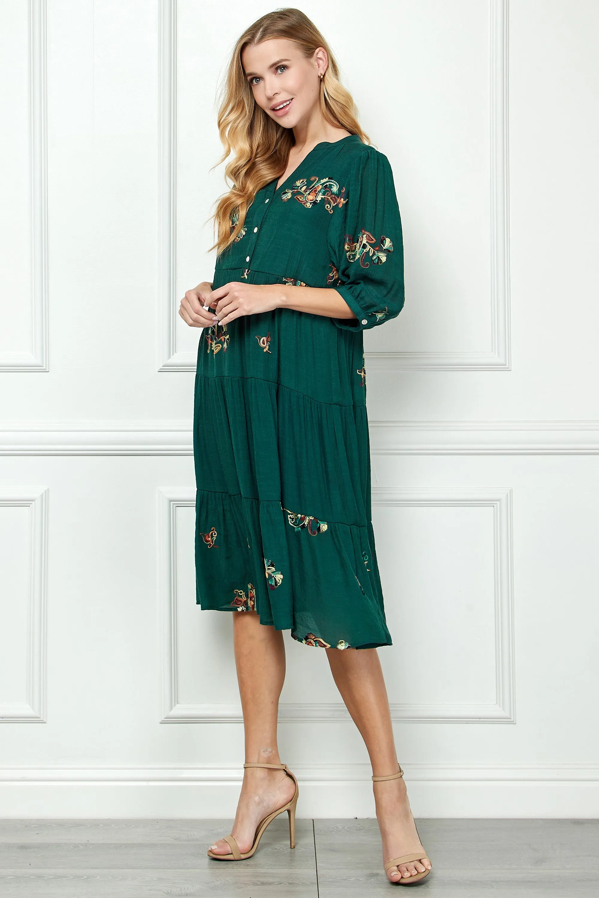 Tiered Embroidered Midi Dress