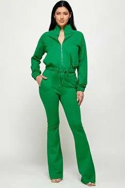 TRACK JACKET FLARED TRACK PANTS SET: GREEN / M