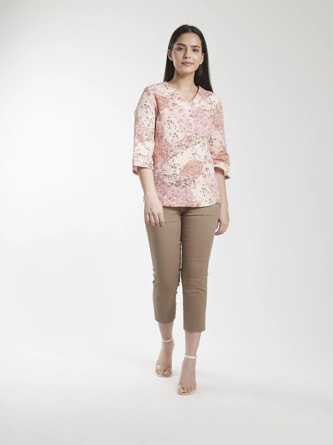 V Neck Floral Print Cotton Linen Top - Beige