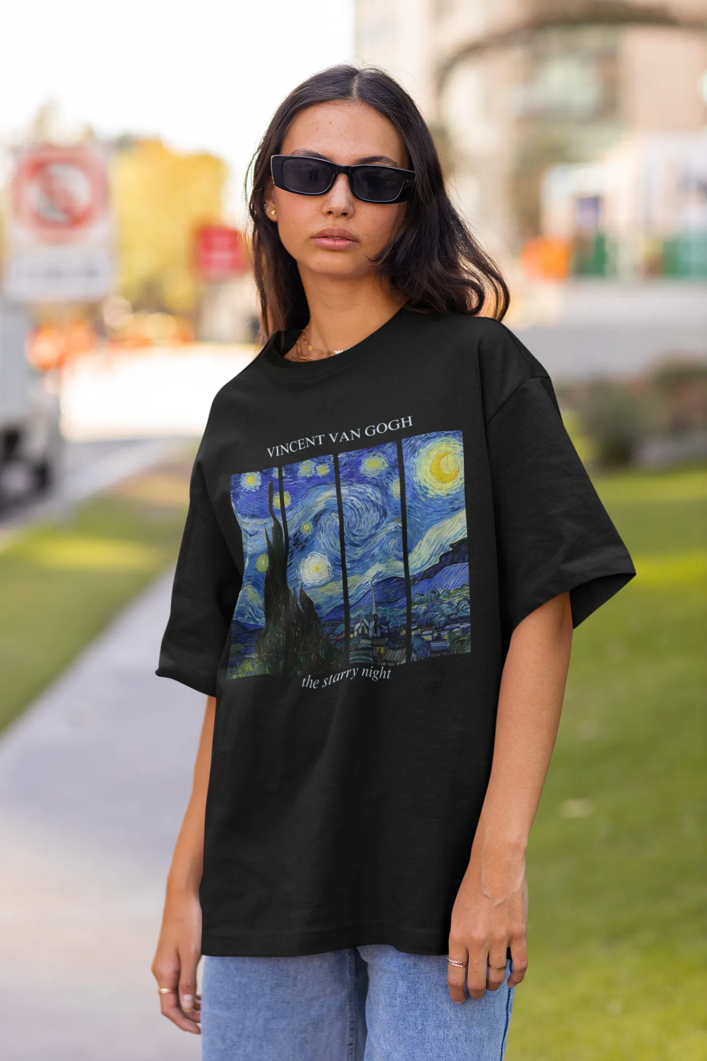 Vincent Van Gogh (The Starry Night) Graphic Printed Unisex Black Oversized T Shirt