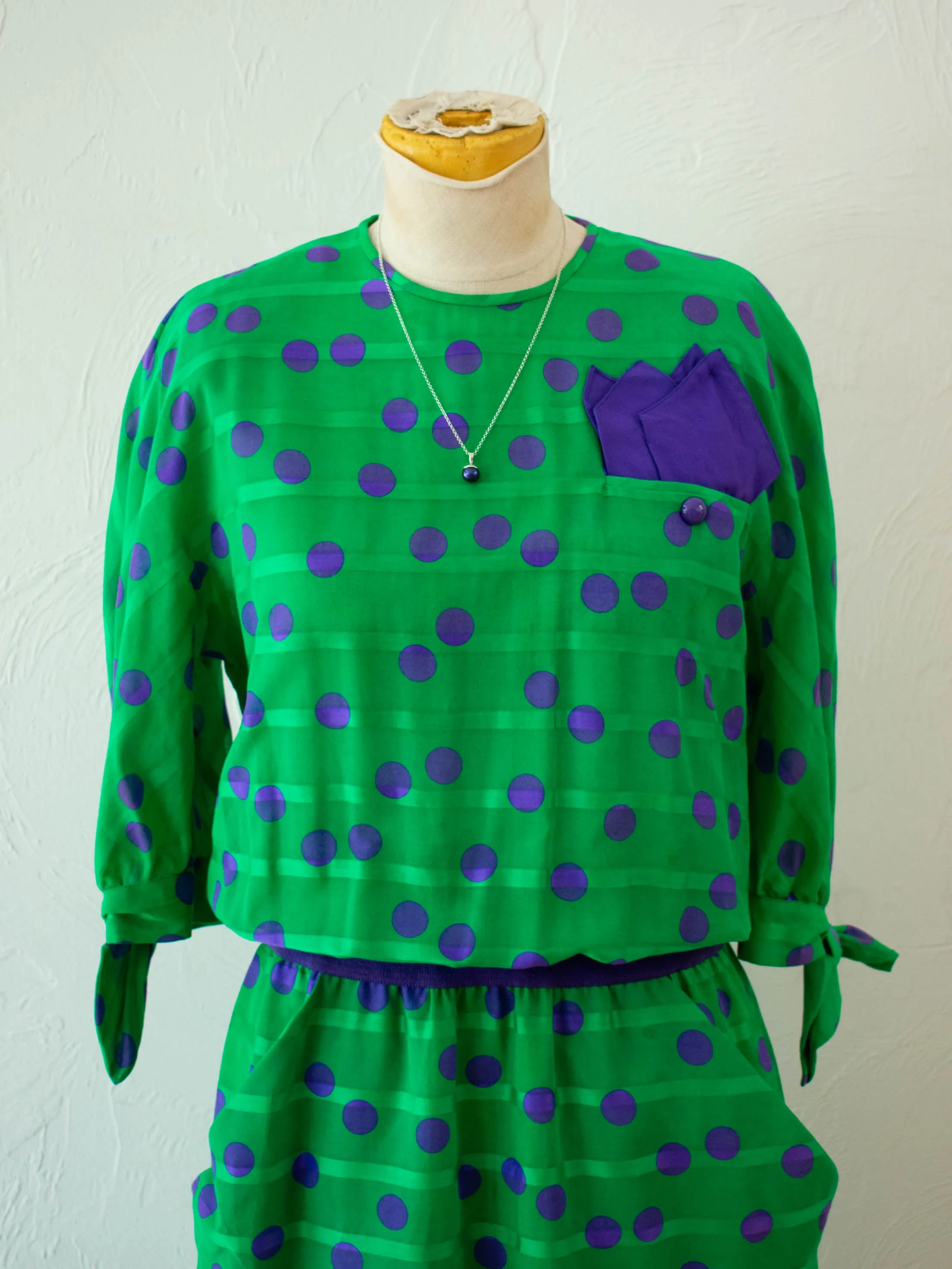 Vintage 1980s AKRIS Green & Purple Polka Dot Dress M