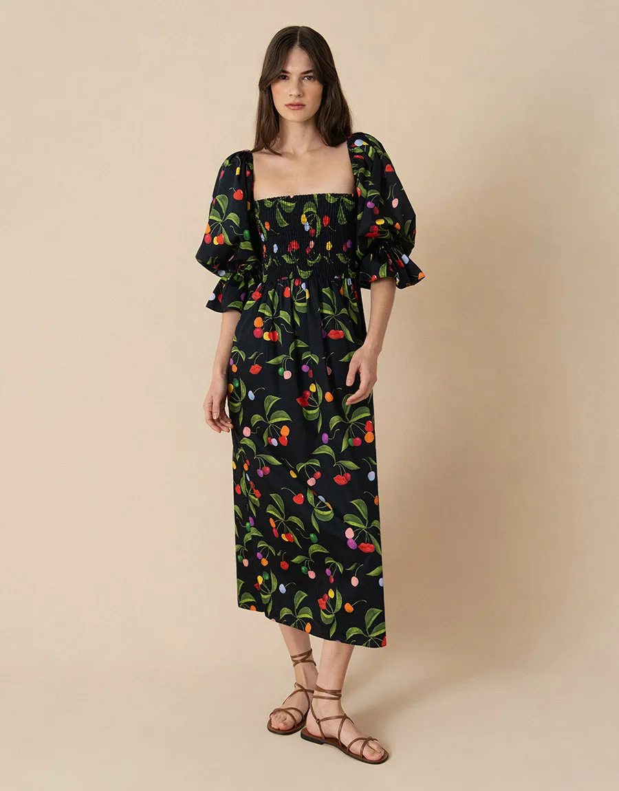 Viona Cotton Midi Dress - Cherry Black - SALE