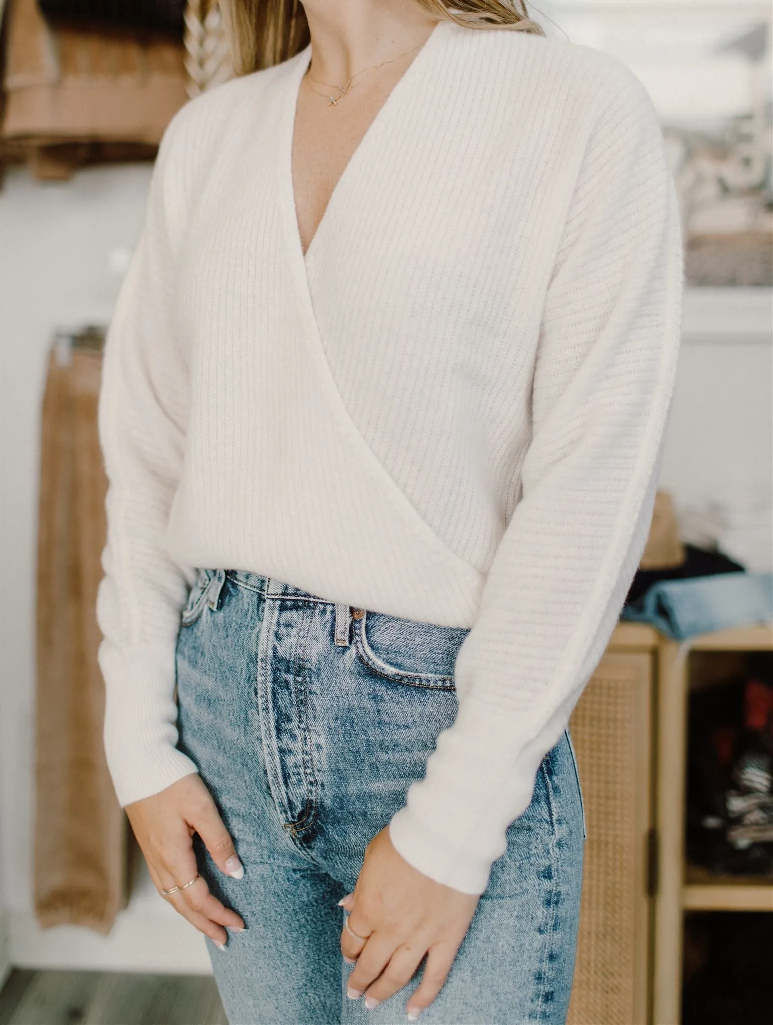 White   Warren - Cashmere Rib Stitch Wrap Top in Soft White